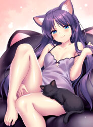 Rule 34 | 1girl, animal, animal ear fluff, animal ears, animal on lap, bare arms, bare legs, bare shoulders, barefoot, black cat, blue eyes, blush, breasts, c:, camisole, cat, cat ears, cat girl, cat on lap, closed mouth, collarbone, commentary request, couch, curvy, eyelashes, eyes visible through hair, foot out of frame, hair between eyes, hair down, hair spread out, hand on own thigh, hand up, holding, holding own hair, knee up, little busters!, long hair, looking at viewer, no bra, off shoulder, on couch, on lap, parted bangs, paw cutout, pink background, purple camisole, purple hair, sasasegawa sasami, seductive smile, shiny skin, sidelocks, simple background, sitting, small breasts, smile, solo, thighs, tsurime, very long hair, zen (kamuro)