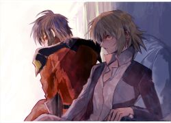 Rule 34 | 1boy, 1girl, black hair, blonde hair, cagalli yula athha, gundam, gundam seed, jacket, long sleeves, military jacket, military uniform, red eyes, red jacket, she (morianosu), shinn asuka, shirt, short hair, yellow eyes, zaft uniform