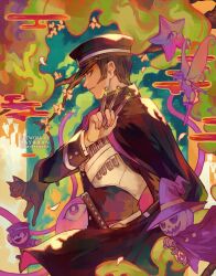 Rule 34 | 1boy, 1girl, black cape, black cat, black hair, black hat, branch, cape, cat, commentary, decarabia (megami tensei), demon (megami tensei), devil summoner: raidou kuzunoha vs the soulless army, devil summoner (series), egasumi, eyeball, gouto, hat, highres, holding, holding needle, ichimokuren (megami tensei), kuzunoha raidou, male focus, needle, peaked cap, pixie (megami tensei), pyro jack, raiho, say0ran, short hair, smile, solo, standing, tentacles