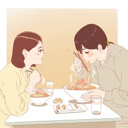 2girls 55bata6rou blush border bowl brown_hair chopsticks closed_mouth cup drinking_glass dumpling eating egg_(food) food from_side grey_shirt highres holding holding_chopsticks jiaozi kasuga_totoko limited_palette long_sleeves looking_at_another looking_down meat multiple_girls nomoto_yuki noodles outside_border plate ponytail profile ramen shirt short_hair smile steam sweatdrop table tsukuritai_onna_to_tabetai_onna upper_body water white_border yellow_shirt