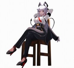 1girl absurdres armband arms_behind_head black_armband black_bra black_horns black_pants black_shoes black_tail bra bra_visible_through_clothes breasts button_gap chen_kang collared_shirt commentary crossed_legs curled_horns demon_tail full_body hair_between_eyes hashtag-only_commentary high-waist_pants high_heels highres horns large_breasts looking_at_viewer multicolored_hair necktie on_chair pants red_eyes red_necktie shirt shirt_tucked_in shoes sitting solo streaked_hair tail tight_clothes tight_pants underwear white_hair white_shirt wuthering_waves zani_(wuthering_waves)