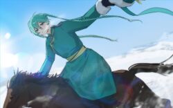 aqua_eyes aqua_hair aqua_ribbon aqua_robe belt black_gloves black_pants blue_sky blurry blurry_background blurry_foreground bokeh braid breath cold commentary depth_of_field dutch_angle earrings english_commentary floating_hair fur-trimmed_sleeves fur_trim gloves gradient_sky green_belt green_sash green_trim grin hair_between_eyes hatsune_miku highres horse horseback_riding jewelry leaning_forward light_blush long_hair mongolia mongolian_clothes motion_blur outstretched_arms oyun_orka pale_skin pants parted_lips ribbon riding sash sky smile snow twin_braids very_long_hair vocaloid wind worldwide_miku