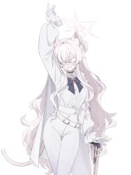 1girl akira_(blue_archive) animal_ears arm_up belt blue_archive bow bowtie cane coat coat_on_shoulders contrapposto cowboy_shot eye_mask formal_clothes gloves greyscale hakuhatsu hand_on_cane hand_up high-waist_pants highres holding holding_cane long_hair monochrome pants phantom_thief smile suit thief thigh_gap tight_clothes tight_pants white_background white_belt white_gloves white_pants white_suit