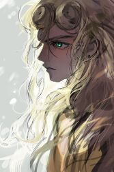 1boy absurdres bishounen blonde_hair closed_mouth earrings giorno_giovanna green_eyes hair_down highres jewangchobab jewelry jojo_no_kimyou_na_bouken long_hair male_focus messy_hair solo upper_body vento_aureo victory_rolls