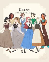 aladdin_(movie) ariel_(disney) aurora_(disney) beauty_and_the_beast_(disney) belle_(disney) black_hair blonde_hair blue_eyes brown_hair cinderella_(disney_character) cinderella_(disney_movie) disney disney_princess dress fa_mulan_(disney) highres jasmine_(disney) jewelry long_hair looking_at_viewer meecosme mulan_(movie) multiple_girls red_hair sleeping_beauty_(disney) smile snow_white_(disney) snow_white_and_the_seven_dwarfs_(disney) the_little_mermaid_(disney) the_princess_and_the_frog tiana_(the_princess_and_the_frog)