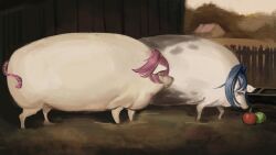 a_pair_of_pigs animal_focus animalization apple blue_hair brother_may_i_have_some_oats_(meme) commentary english_commentary fence fine_art_parody food fruit highres hololive hololive_english massiveyog meme no_humans ouro_kronii panther_tail parody pig pink_eyes pink_hair pink_tail raora_panthera tail virtual_youtuber wooden_fence