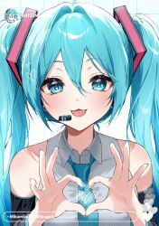 1girl :3 ahoge bare_shoulders black_sleeves blue_background blue_eyes blue_hair blue_nails blue_necktie blue_stripes checkered_background collared_shirt detached_sleeves facing_viewer grey_shirt hair_between_eyes hair_intakes hair_ornament hairclip hatsune_miku headphones heart heart_hands highres instagram_story isono long_hair looking_at_viewer microphone necktie shirt sidelocks sleeveless sleeveless_shirt solo striped_sleeves tongue tongue_out twintails vocaloid