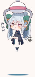 1girl :i beni_shake black_dress blue_scarf blush chibi closed_mouth commentary_request crane_game dress fate/grand_order fate_(series) grey_background grey_hair hair_between_eyes highres horns larva_tiamat_(fate) larva_tiamat_(second_ascension)_(fate) long_hair long_sleeves motion_lines pout red_eyes scarf shadow signature simple_background sleeves_past_fingers sleeves_past_wrists solo squiggle symbol-shaped_pupils tiamat_(fate) twintails very_long_hair