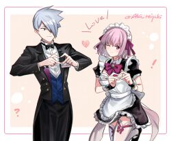 1boy 1girl aki_(neyuki41028) anti_(ssss.gridman) apron black_dress black_suit blue_eyes breasts butler dress formal_clothes frilled_apron frills gridman_universe gridman_universe_(movie) hair_over_eyes heart highres large_breasts looking_at_viewer maid maid_apron maid_headdress official_alternate_costume one_eye_closed purple_hair red_eyes shinjou_akane short_hair smile suit tailcoat thighhighs tuxedo_shirt vest waistcoat waiter