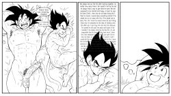 2boys abs aftersex armpit_hair arms_behind_head ass bara black_hair blush closed_eyes cum cum_in_ass dragon_ball dragonball_z english_text erection lying male_focus monochrome multiple_boys muscular muscular_male niusesabe nude on_back on_bed pectorals penis saiyan saiyan_tail size_difference smile son_goku speech_bubble sweat tail testicles thought_bubble vegeta yaoi