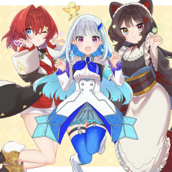 3girls :3 ange_katrina ange_katrina_(1st_costume) animal_ears apron armband ayuko_ammobium bird black_coat blue_armband blue_eyes blue_hair blue_neckerchief blue_skirt blue_thighhighs blush boots border breasts brown_hair brown_tail buttons cardigan closed_mouth coat collared_shrug colored_inner_hair commentary_request dog_ears dog_girl dog_tail dot_nose double-breasted dress floating_clothes floating_hair flower frilled_skirt frilled_sleeves frills grey_kimono grey_sash grid_background group_picture hair_between_eyes hair_flower hair_intakes hair_ornament hands_up heart heterochromia high-waist_skirt highres inui_toko inui_toko_(1st_costume) japanese_clothes kimono knees_together_feet_apart layered_skirt legwear_garter light_blush lize_helesta lize_helesta_(1st_costume) long_hair long_skirt long_sleeves looking_at_viewer maid maid_headdress medium_hair miniskirt monocle multicolored_hair multiple_girls neckerchief nijisanji obi obiage obijime one_eye_closed open_mouth outside_border pleated_skirt puckered_lips purple_eyes red_cardigan red_eyes red_hair red_skirt sanbaka_(nijisanji) sash sebastian_piyodore shirt shirt_tucked_in short_dress shrug_(clothing) sidelocks skirt sleeves_past_wrists small_breasts smile sparkle streaked_hair tail tail_under_clothes thighhighs two-tone_hair very_long_hair virtual_youtuber wa_maid waist_apron white_apron white_boots white_border white_dress white_hair white_headdress white_shirt white_shrug white_skirt yellow_background yellow_bird yellow_eyes zettai_ryouiki