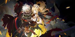 1boy 1girl albaz_(yu-gi-oh!) black_cloak black_pantyhose blonde_hair brown_gloves brown_shorts carrying cloak duel_monster ecclesia_(yu-gi-oh!) facial_mark forehead_mark gloves grey_eyes highres long_hair looking_at_another luomo multicolored_hair pantyhose ponytail princess_carry red_eyes red_hair shirt short_hair shorts streaked_hair tearing_up two-tone_hair very_long_hair white_hair white_shirt yu-gi-oh!