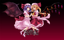 2girls asu_hare bad_id bad_pixiv_id bat_wings black_background blonde_hair blood blood_on_clothes blouse character_name female_focus fingernails flandre_scarlet glowing gradient_background grin hair_between_eyes hat highres holding_hands long_fingernails looking_at_viewer mob_cap multiple_girls nail_polish pink_shirt ponytail purple_hair red_background red_eyes red_nails remilia_scarlet shirt short_hair siblings side_ponytail sisters smile socks symmetrical_hand_pose symmetry touhou wings