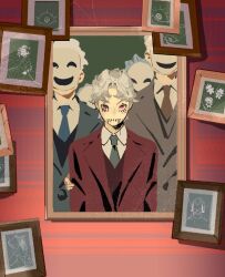3boys 3others aged_down blue_necktie brown_necktie drawing_(object) earrings formal_clothes giorno_giovanna green_necktie grey_hair guido_mista jacket jewelry jojo_no_kimyou_na_bouken male_focus mask multiple_boys multiple_others necktie painting_(object) pannacotta_fugo picture_frame polka_dot polka_dot_jacket portrait_(object) red_eyes solo_focus ssyoukyo_sori stitched_mouth stitches straight-on suit vento_aureo vest white_hair white_mask