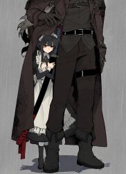 1girl apron belt black_hair boots cape chain character_request child collared_shirt dress gloves highres jacket katana limbus_company long_coat long_sleeves looking_at_viewer maid meatpie72 project_moon puffy_sleeves red_eyes ribbon ryoshu_(project_moon) shirt short_hair simple_background skirt sword weapon white_apron