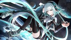 1girl absurdres adjusting_hair aqua_eyes aqua_hair black_dress black_shorts black_thighhighs breasts closed_mouth commentary_request dress floating floating_object green_nails grey_hair hashimoto_kokai headphones highres long_hair long_sleeves multicolored_dress multicolored_hair nose original planet shoes shorts sidelocks sky small_breasts smile solo space star_(sky) starry_sky streaked_hair thighhighs twintails two-tone_hair very_long_hair white_dress