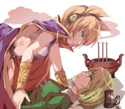 2girls black_hat bracelet brown_eyes brown_hair cape commentary_request earmuffs from_side green_eyes green_hair hat incense jewelry looking_at_another multiple_girls nymphus pointy_hair purple_cape short_hair simple_background soga_no_tojiko touhou toyosatomimi_no_miko white_background