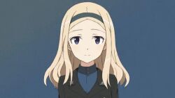 1girl aleksandra_i._pokryshkin animated blinking blonde_hair blue_background blue_eyes blush brave_witches hairband keicha_(kmoekaki) long_hair looking_at_viewer military_uniform simple_background smile solo talking upper_body video world_witches_series