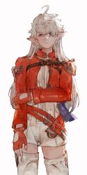 1girl absurdres aged_up alisaie_leveilleur blue_eyes boots elezen elf final_fantasy final_fantasy_xiv fingerless_gloves gloves hair_over_eyes hand_on_own_arm highres hutaba_0718 jacket long_hair looking_at_viewer messy_hair pointy_ears red_jacket solo thigh_boots white_background white_hair