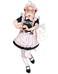 1girl absurdres ahoge alternate_costume apron black_dress double_bun dress enmaided frilled_apron frills glasses hair_bun heart heart_hands highres kantai_collection long_hair maid maid_headdress makigumo_(kancolle) mary_janes ojipon pantyhose pink_hair shoes short_sleeves simple_background smile solo twintails watermark white_apron white_background white_pantyhose