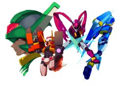 Rule 34 | 1girl, 3boys, aeolus (mega man), armor, artist request, atlas (mega man), blue armor, blue helmet, close-up, cowboy shot, double-sided polearm, energy gun, fins, full body, glowing, glowing eyes, green armor, green helmet, group picture, head fins, helmet, highres, holding, holding cannon, holding polearm, holding weapon, mega man (series), mega man zx, mega man zx advent, model f (mega man), model h (mega man), model l (mega man), model p (mega man), multiple boys, orange armor, orange helmet, polearm, profile, purple armor, purple helmet, red eyes, second-party source, shuriken, siarnaq (mega man), simple background, spear, thetis (mega man), weapon, white background