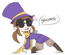 1girl a_hat_in_time boots brown_boots brown_hair brown_pants cape commentary english_commentary full_body hat hat_kid jacket long_hair long_sleeves meme open_mouth pants ponytail purple_hat purple_jacket simple_background solo speech_bubble spicy_bardo sunglasses top_hat white_background yellow_cape zipper_pull_tab