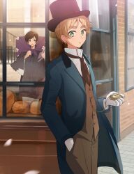 2boys axis_powers_hetalia bakery black_bow black_bowtie black_cape black_eyes black_hair black_hat blonde_hair blue_coat bow bowtie bread brown_necktie brown_pants brown_vest bun_(food) buttons cape coat commentary_request cowboy_shot day floral_print food formal_clothes gloves green_eyes hand_in_pocket hand_up hat highres holding holding_pocket_watch japan_(hetalia) long_sleeves looking_at_another male_focus multiple_boys necktie open_clothes open_coat open_mouth outdoors pants petals pocket_watch reflection shirt shop short_hair smile standing sweatdrop teeth top_hat united_kingdom_(hetalia) vest watch waving white_gloves white_shirt window yukinununu