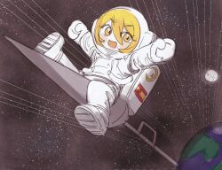 1girl arms_up astronaut blonde_hair chibi don_quixote_(project_moon) earth_(planet) helmet lance limbus_company moon open_mouth planet polearm project_moon sitting_on_weapon space space_helmet spacesuit spanish_flag weapon weapon_riding wenli wide-eyed yellow_eyes