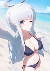 1girl absurdres alternate_costume alternate_hairstyle bikini black_bikini blue_archive blunt_bangs blush breasts cleavage closed_mouth highres large_breasts long_hair navel noa_(blue_archive) open_clothes open_shirt pige_pig ponytail purple_eyes shirt sidelocks smile solo stomach swimsuit white_hair white_shirt