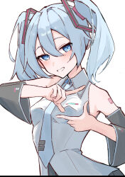 1girl bare_shoulders black_skirt black_sleeves blue_eyes blue_hair blush breasts detached_sleeves hair_ornament hatsune_miku looking_at_viewer necktie number_tattoo open_mouth shirt simple_background skirt smile tattoo twintails user_thmd4485 vocaloid white_shirt