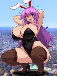 Rule 34 | 1girl, armpits, arms behind head, black leotard, black shoes, black thighhighs, blurry, blurry background, blush, breasts, collarbone, commentary, covered navel, embarrassed, english commentary, eyelashes, flying sweatdrops, full body, giant, giantess, high heels, highres, huge breasts, leotard, long hair, long sidelocks, looking at viewer, mole, mole under eye, motion lines, open mouth, photo background, purple hair, red eyes, reisen udongein inaba, seireiart, shiny skin, shoes, sidelocks, solo, squatting, teeth, thick thighs, thighhighs, thighs, touhou, trembling, upper teeth only, very long hair, wavy mouth, wide hips