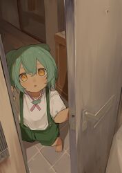 1girl barefoot doorway foreshortening from_above full_body green_hair green_shorts highres indoors looking_at_viewer open_door open_mouth perspective pocche-ex pov_doorway shirt short_hair shorts solo standing suspenders voiceroid voicevox white_shirt yellow_eyes zundamon
