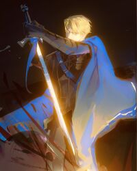 1boy absurdres arm_up belt blonde_hair blue_belt blue_cape cape chest_belt chinese_commentary commentary_request curtained_hair dimitri_alexandre_blaiddyd fire_emblem fire_emblem:_three_houses garreg_mach_monastery_uniform hair_between_eyes highres holding holding_sword holding_weapon looking_at_viewer male_focus moxom nintendo short_hair side_cape solo sword unfinished weapon