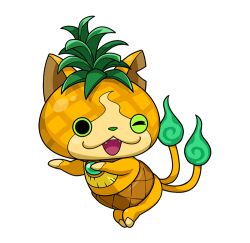 cat colored_skin fire flame-tipped_tail green_fire haramaki hitodama leaf multiple_tails no_humans notched_ear official_art one_eye_closed open_mouth orange_skin pinenyan simple_background solo tail third-party_source transparent_background two_tails youkai_(youkai_watch) youkai_watch