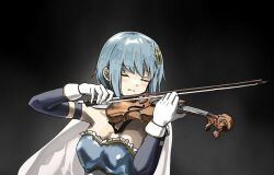 1girl bare_shoulders blue_hair blue_sleeves blush bow_(music) breasts cape cleavage closed_eyes detached_sleeves dress fortissimo gloves gradient_background hair_ornament hairclip highres holding instrument magical_girl mahou_shoujo_madoka_magica mahou_shoujo_madoka_magica_(anime) medium_breasts medium_hair miki_sayaka miki_sayaka_(magical_girl) music musical_note musical_note_hair_ornament playing_instrument short_hair sidelocks simple_background solo takeraka upper_body violin white_cape white_gloves