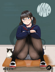 1girl black_pantyhose blue_eyes blue_serafuku blunt_bangs cat chalkboard crossed_arms desk full_body glasses hugging_own_legs indoors neckerchief on_desk original panties panties_under_pantyhose pantyhose pantyshot q98780409 red_neckerchief school_desk school_uniform serafuku shoes sitting solo twintails underwear uwabaki