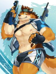 1boy abs animal_ears bara bare_pectorals barrel_(cool_gunfighter)_(live_a_hero) barrel_(live_a_hero) beige_fur blush brown_fur bulge clothing_cutout dog_boy dog_ears dog_tail feet_out_of_frame fingerless_gloves fluffy furry furry_male gloves grey_male_swimwear highres holding holding_water_gun kozume_(kozumetako) large_bulge large_pectorals live_a_hero looking_at_viewer male_focus male_swimwear muscular muscular_male navel nipples official_alternate_costume open_clothes open_shirt orange_fur pectorals short_hair smile solo stomach swim_briefs swimsuit tail thick_thighs thigh_cutout thighs water_gun wet wet_clothes wet_swimsuit