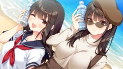 Rule 34 | 1girl, ;d, aizawa yukari, beach, beret, black hair, black sailor collar, blunt bangs, blush, bottle, breasts, brown-framed eyewear, brown-tinted eyewear, brown eyes, brown hat, brown skirt, closed mouth, day, dutch angle, eyes visible through hair, fingernails, game cg, hair over shoulder, hand up, happy, hat, high-waist skirt, highres, holding, holding bottle, large breasts, long hair, long sleeves, looking at viewer, mole, mole under eye, multiple views, neckerchief, ocean, official art, one eye closed, open mouth, outdoors, promotional art, red neckerchief, ren&#039;ai hajimemashite, sailor collar, school uniform, serafuku, shirt, short sleeves, skirt, smile, straight hair, sunglasses, suspender skirt, suspenders, tinted eyewear, turtleneck, turtleneck shirt, unasaka ryou, upper body, water bottle, white shirt, yellow shirt