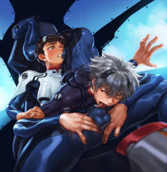 2boys 69 artist_name ass black_eyes black_hair bludwing blue_bodysuit bodysuit bulge bulge_to_face evangelion_(mecha) grey_hair hand_on_another&#039;s_arm hand_on_another&#039;s_ass highres ikari_shinji interface_headset_(evangelion) licking_bulge looking_at_another male_focus mecha_pilot_suit multiple_boys nagisa_kaworu neon_genesis_evangelion one_eye_closed plugsuit_(evangelion) short_hair sky sweat thighs yaoi