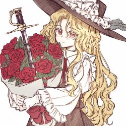 1girl blonde_hair bouquet brown_hat brown_skirt brown_vest collared_shirt cowboy_shot flower frilled_hat frilled_sleeves frills gloves hat hat_feather holding holding_bouquet jacket_girl_(dipp) juliet_sleeves long_hair long_sleeves puffy_sleeves red_eyes red_flower red_rose rose shirt skirt solo sword touhou uzumibi very_long_hair vest wavy_hair weapon white_background white_gloves white_shirt wide_sleeves