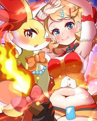 1girl absurdres arms_up bead_necklace beads blonde_hair blue_eyes blush breasts carrot_summer closed_mouth creatures_(company) delphox eyelashes fingernails game_freak gen_6_pokemon hair_ornament hairclip highres jewelry medium_breasts nail_polish navel necklace nintendo pokemon pokemon_(anime) pokemon_(creature) pokemon_journeys red_nails serena_(pokemon) short_hair smile