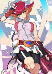 1girl bare_shoulders black_shorts breasts brown_hair commission full_body green_eyes highres kouzuki_anna large_breasts pink_sky red_hair senjo shorts skeb_commission sky solo yu-gi-oh! yu-gi-oh!_zexal