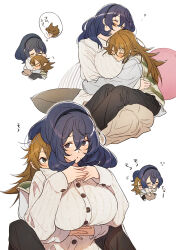 2girls 404no2929 :o black_hairband blue_hair blush breast_pillow breasts brown_hair closed_eyes commentary_request crossed_bangs green_eyes hair_between_eyes hairband hug hug_from_behind huge_breasts long_hair long_sleeves looking_at_another miya_(404no2929) multiple_girls original purple_eyes shion_(404no2929) speech_bubble sweater thought_bubble translated white_sweater yuri