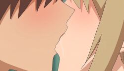 10s 1boy 1girl 2010 animated animated_gif anime_screenshot blonde_hair brother_and_sister brown_hair close-up french_kiss from_side haha_sange hetero incest kiss koga_marie koga_tomonori siblings tagme