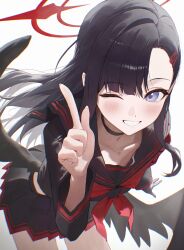 Rule 34 | 1girl, armband, black choker, black sailor collar, black serafuku, black wings, blue archive, blue eyes, blush, choker, commentary request, feathered wings, halo, highres, ichika (blue archive), index finger raised, leaning forward, long hair, long sleeves, looking at viewer, low wings, midriff peek, neckerchief, one eye closed, parted bangs, pleated skirt, red armband, red halo, red neckerchief, sailor collar, school uniform, senriyama, serafuku, simple background, single hair intake, skirt, smile, solo, unusually open eyes, white background, wings