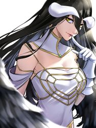 1girl absurdres albedo_(overlord) bare_shoulders black_hair black_wings closed_mouth commentary demon_girl demon_horns detached_collar dress feathered_wings finger_to_mouth gloves hair_between_eyes highres horns lips long_hair looking_at_viewer low_horns overlord_(maruyama) pink_lips simple_background smile solo strapless strapless_dress very_long_hair wanderstillart white_background white_dress white_gloves white_horns wings yellow_eyes
