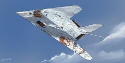 1other absurdres ace_combat aircraft airplane bandai_namco blue_sky commentary company_connection day doragodesu_(user_egxc7832) english_commentary f-117_nighthawk fighter_jet flying hagiwara_yukiho highres idolmaster idolmaster_(classic) idolmaster_million_live! idolmaster_million_live!_theater_days itasha military military_vehicle outdoors pilot signature sky vehicle_focus