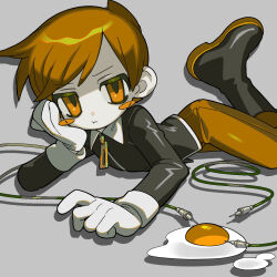 1boy black_boots black_jacket blush boots cable chibi claus_(mother_3) collar colored_skin egg_(food) food gloves grey_background hand_on_own_face highres jacket limited_palette lying male_focus masked_man_(mother_3) mi_(33tb) mother_(series) mother_3 nintendo on_stomach orange_eyes orange_hair orange_pants pants short_hair swept_bangs white_gloves white_skin zipper