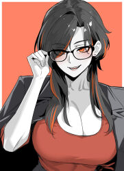 Rule 34 | 1girl, absurdres, adjusting eyewear, black-framed eyewear, black coat, breasts, cleavage, coat, ear piercing, glasses, highres, hotaru (nokaa aru), large breasts, looking at viewer, medium hair, mole, mole under eye, nokaa aru, open mouth, orange eyes, orange hair, original, parted bangs, partially colored, piercing, red tank top, smile, solo, tank top, teeth