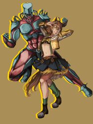 1girl abs absurdres ahoge animal_ears animal_print asymmetrical_legwear bandeau black_skirt bow bowtie brown_hair clenched_hands colored_skin commentary crazy_diamond cropped_jacket crossover diamond_wa_kudakenai full_body green_socks grin hasewo higashikata_josuke&#039;s_pose_(jojo) highres horse_ears horse_girl horse_tail jacket jojo_no_kimyou_na_bouken jojo_pose jungle_pocket_(umamusume) kneehighs leopard_print loose_socks medium_hair medium_request midriff miniskirt navel open_clothes open_jacket outline padded_jacket pink_skin pleated_skirt single_kneehigh single_sock skirt smile socks strapless suspenders tail tsurime tube_top umamusume uneven_legwear yellow_bow yellow_bowtie yellow_eyes